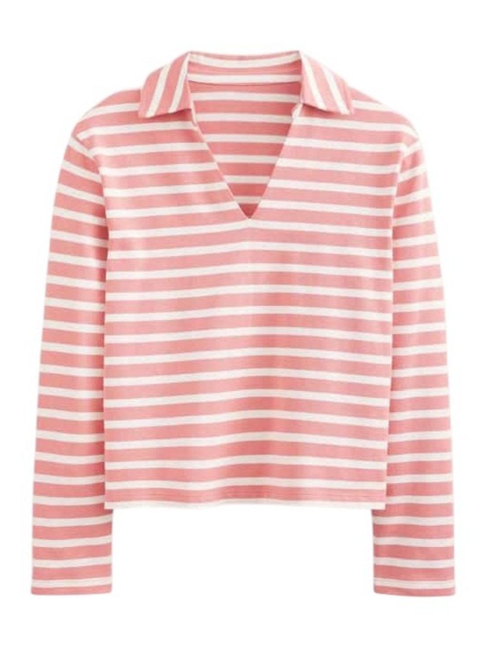 Boden Blush Pink White Striped Print Collared Long Sleeve Cropped Top - L